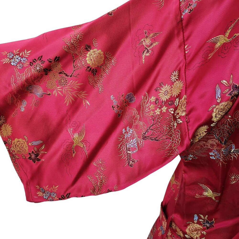Vintage Red Embroidered Long Kimono Robe with Belt Made in China - Picture 3 of 13